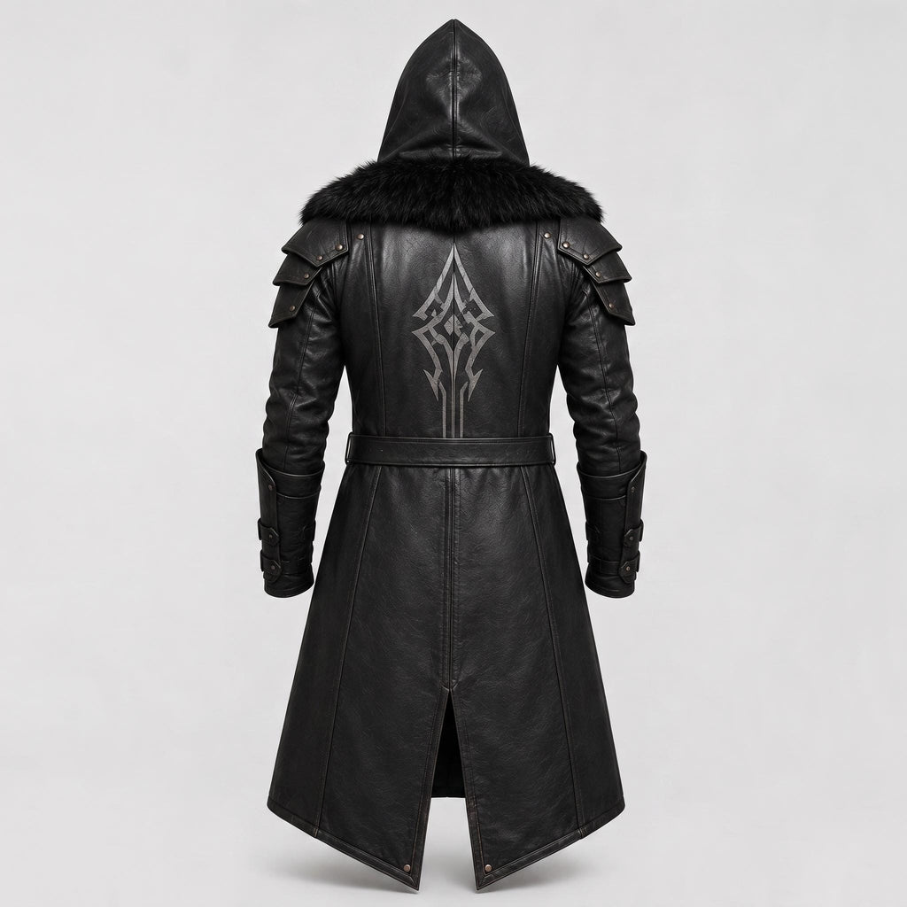 Men's Black Leather Hooded Armor Coat | Medieval Viking Warrior Cosplay Jacket