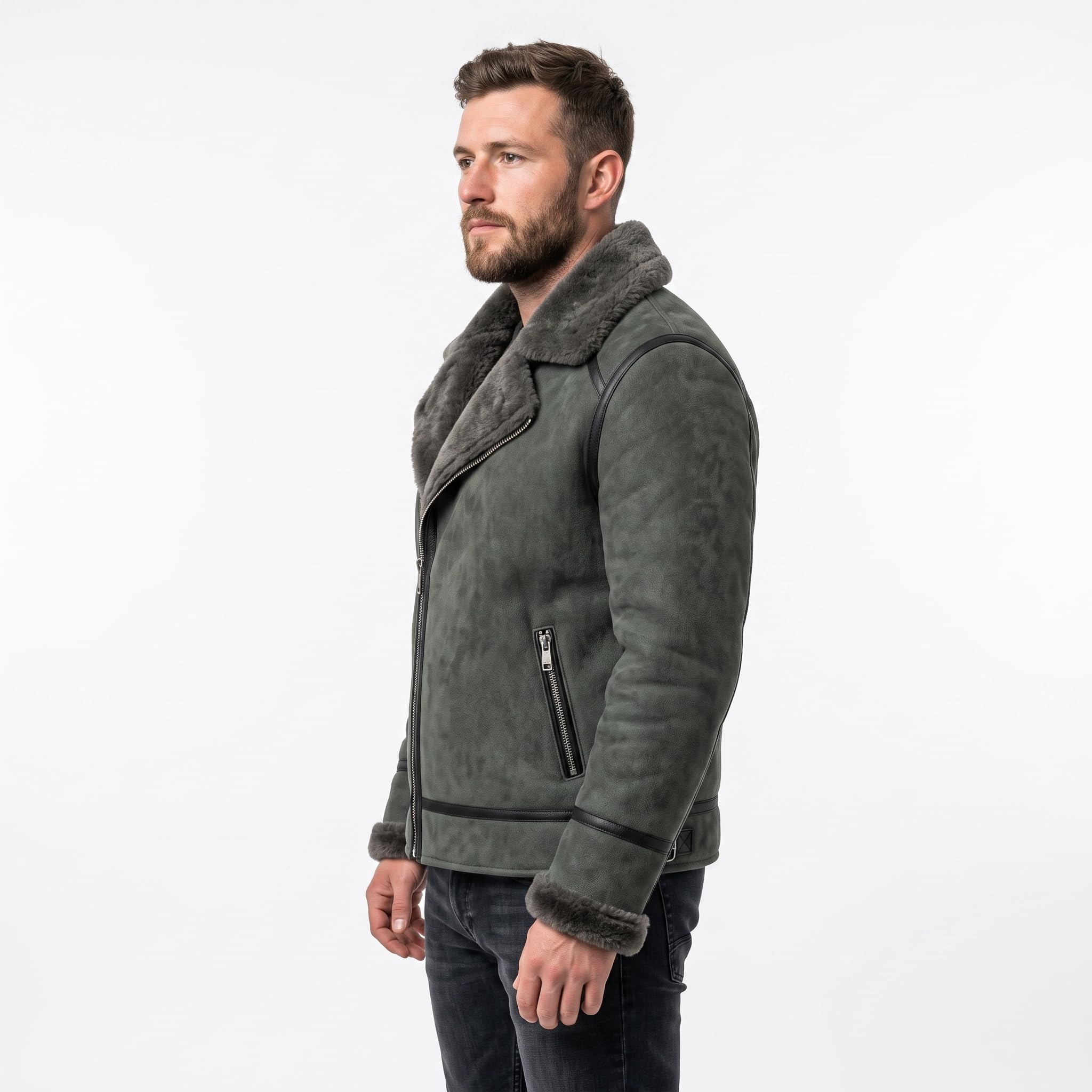 Black Suede Lamb Shearling Biker Jacket with Buckle Collar – Premium Suede Shearling Jacket