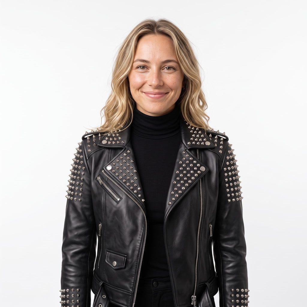 Women’s Handmade Black Leather Motorcycle Jacket – Studded, Spiked, & Hand-Painted Misfits Punk Rocker Style