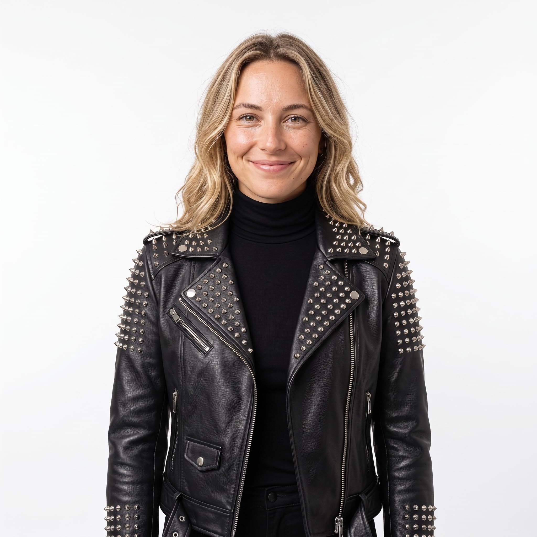 Women’s Handmade Black Leather Motorcycle Jacket – Studded, Spiked, & Hand-Painted Misfits Punk Rocker Style