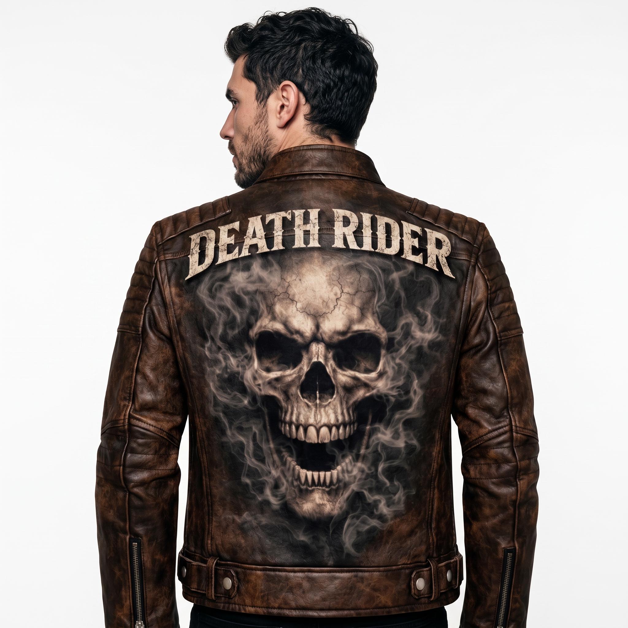 Motorcycle jacket with skull back | brown leather biker jacket | vintage moto style