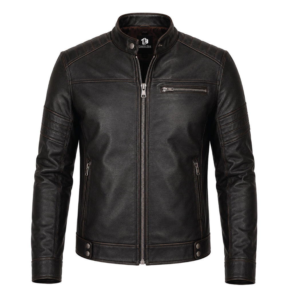 Men's Black Leather Biker Jacket, Sword Flame Graphic Rider Coat
