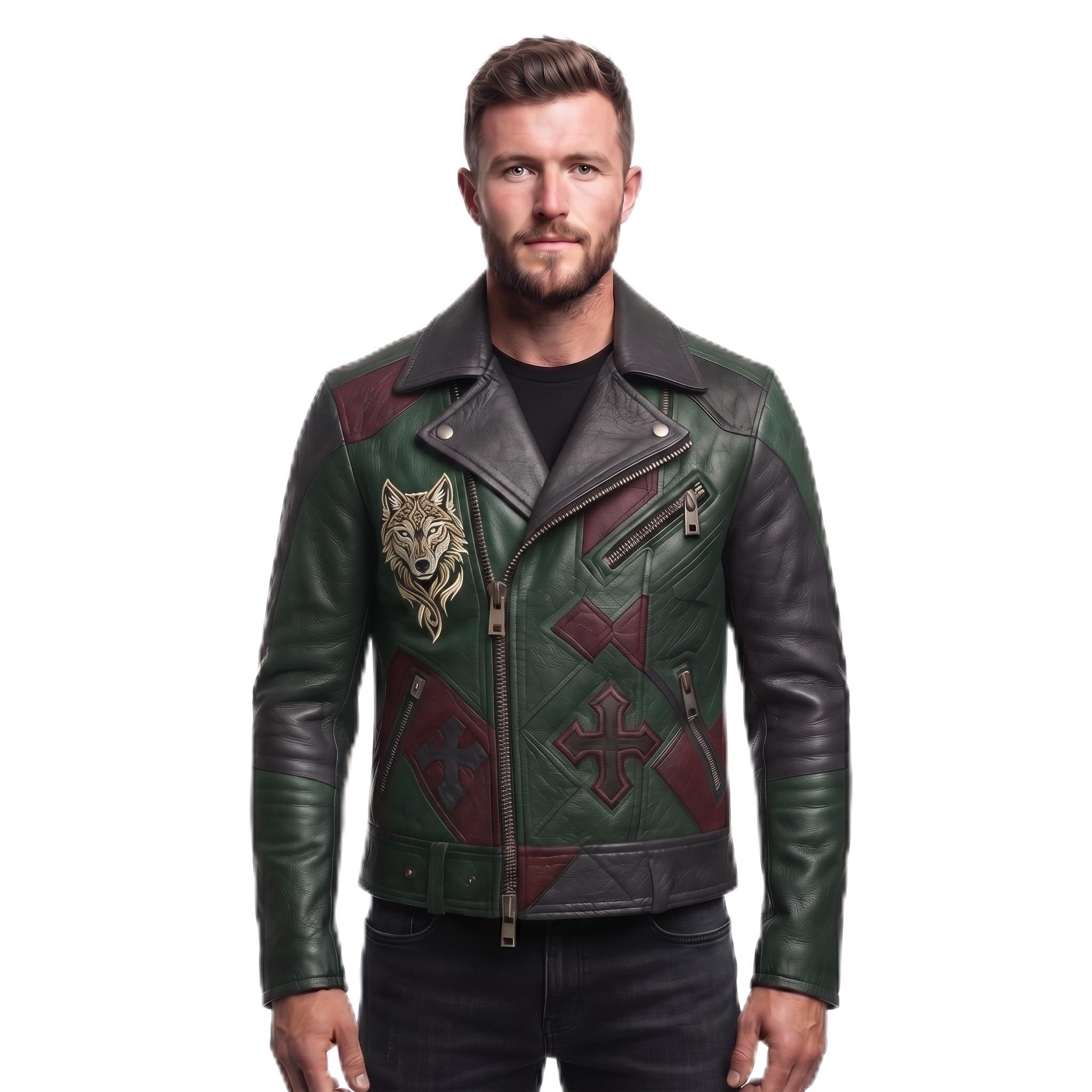 Men's Leather Biker Moto Jacket | Gothic Cross Design | Embroidered Patch jacket