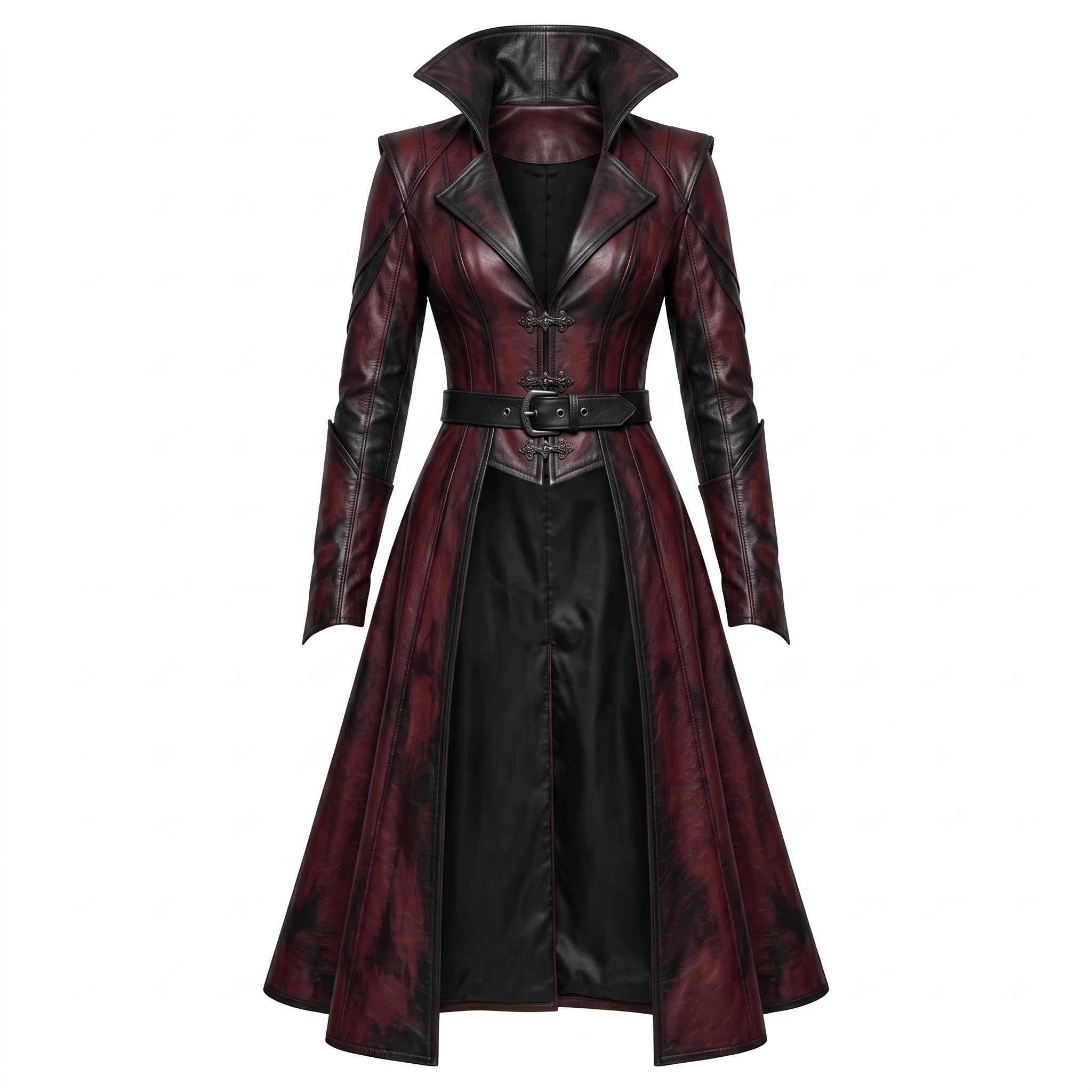 Women's Gothic Vampire Queen Burgundy Leather Trench Coat