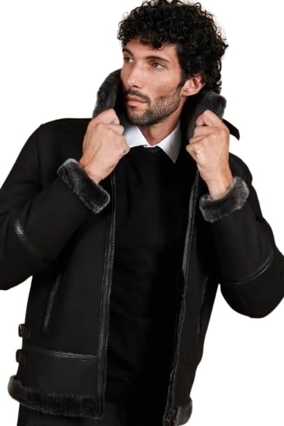 Men's Peter Black Suede Lamb Shearling Biker Jacket with Buckle Collar – Suede Shearling Jacket