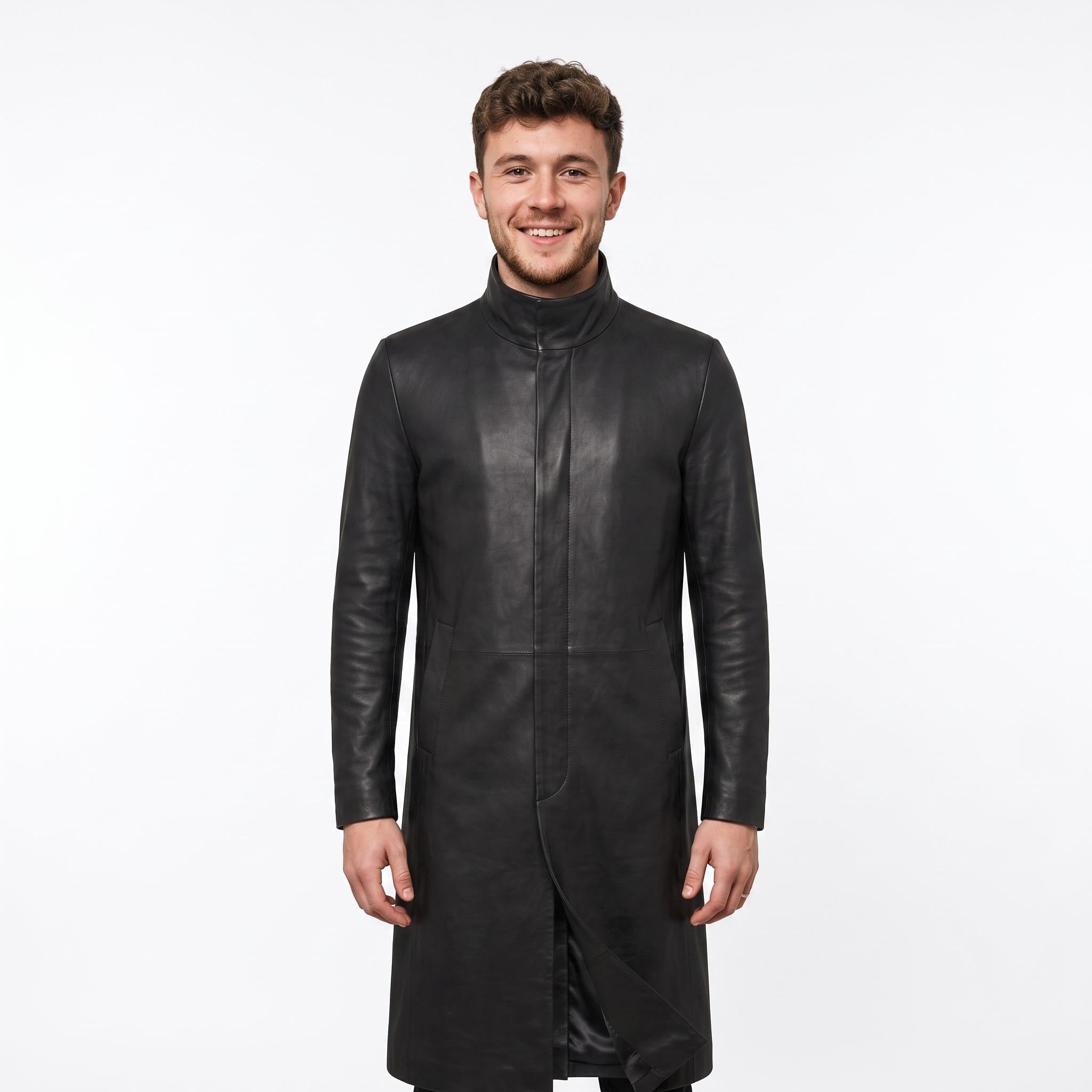 Men's Neo-Inspired Black Leather Duster Coat | Gothic Cyberpunk Trench Jacket