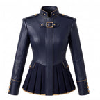 Navy Blue Leather Peplum Jacket: Victorian Military Officer Style Blazer