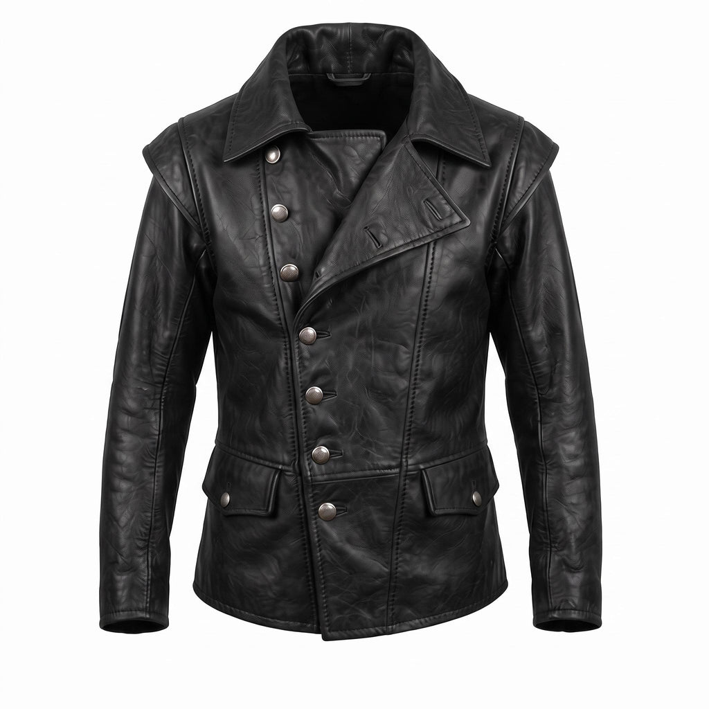 Men's Navy Blue Asymmetrical Military Leather Jacket – Handmade Blazer Coat