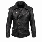 Men's Navy Blue Asymmetrical Military Leather Jacket – Handmade Blazer Coat