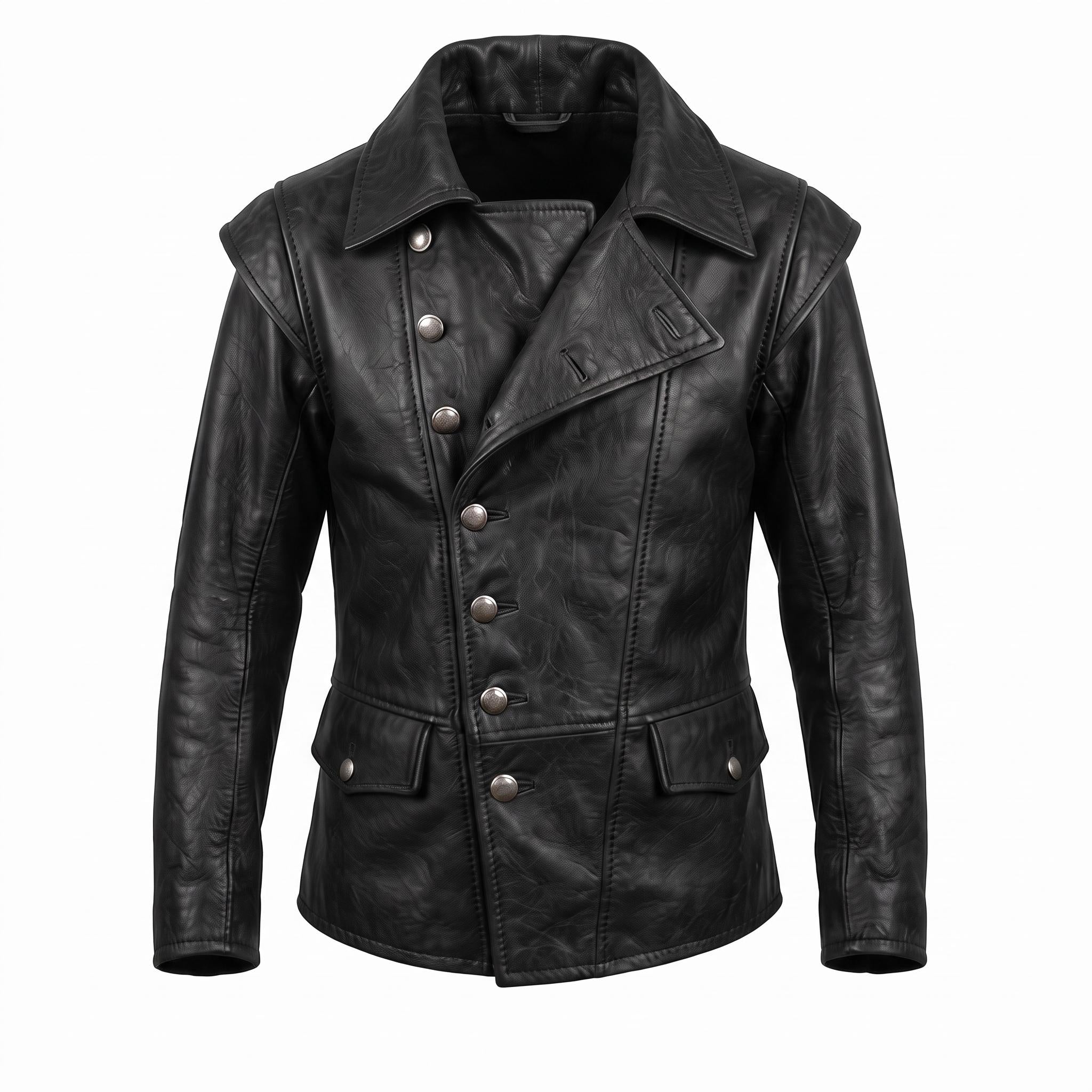 Men's Navy Blue Asymmetrical Military Leather Jacket – Handmade Blazer Coat