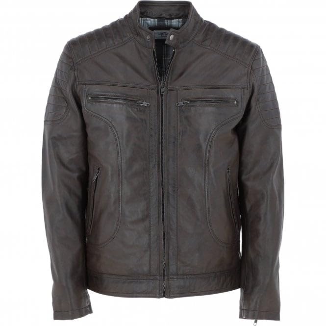 Men's Black Leather Biker Jacket with Zip Front, Multiple Pockets