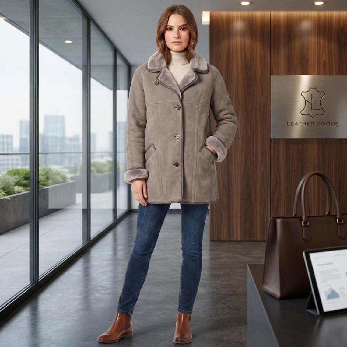 Women's Suede Leather Shearling Coat: Penny Lane Style Winter Jacket