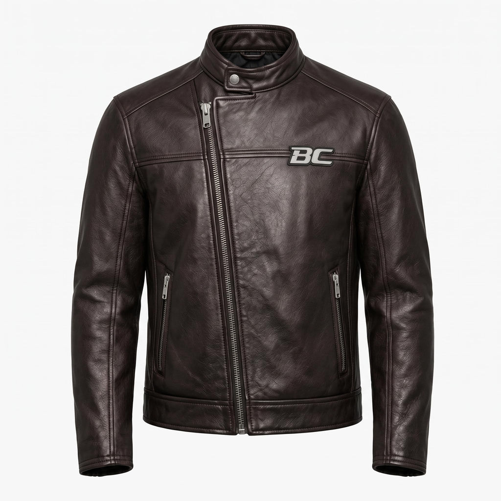 Men's Biker Club V-Twin Engine Leather Jacket - Winged Motor Graphic Cafe Racer