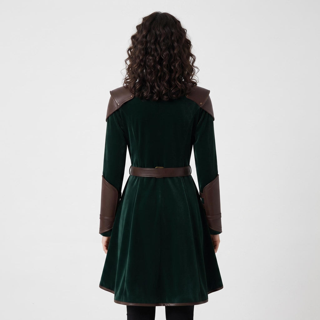 Women's Velvet Wrap Coat Dress with Leather Armor Trim, Fantasy Cosplay Outfit