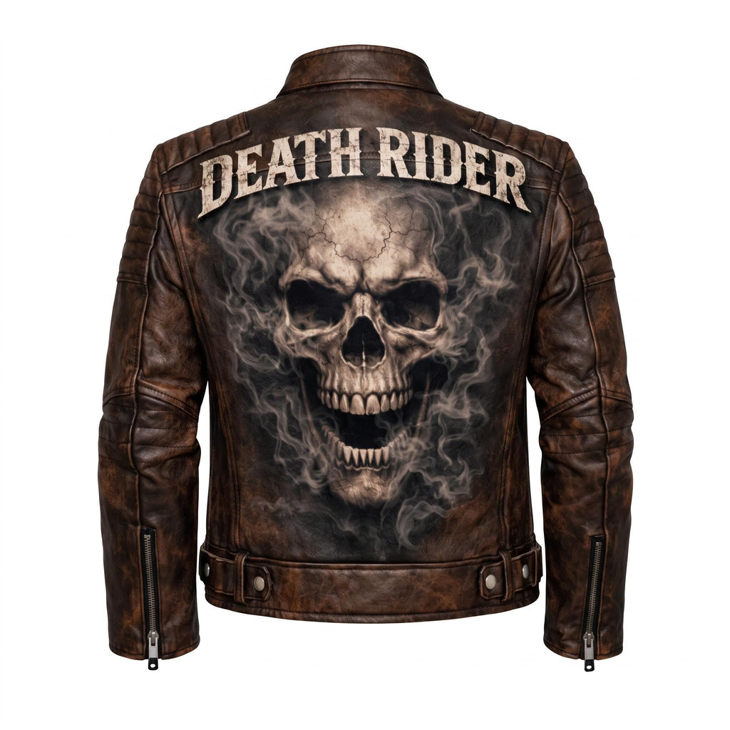 Motorcycle jacket with skull back | brown leather biker jacket | vintage moto style
