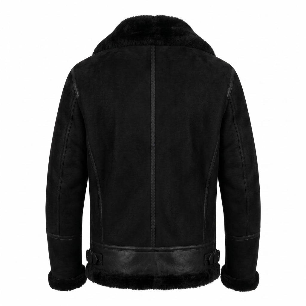 Black Suede Lamb Shearling Biker Jacket with Buckle Collar – Premium Suede Shearling Jacket