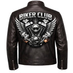 Men's Biker Club V-Twin Engine Leather Jacket - Winged Motor Graphic Cafe Racer