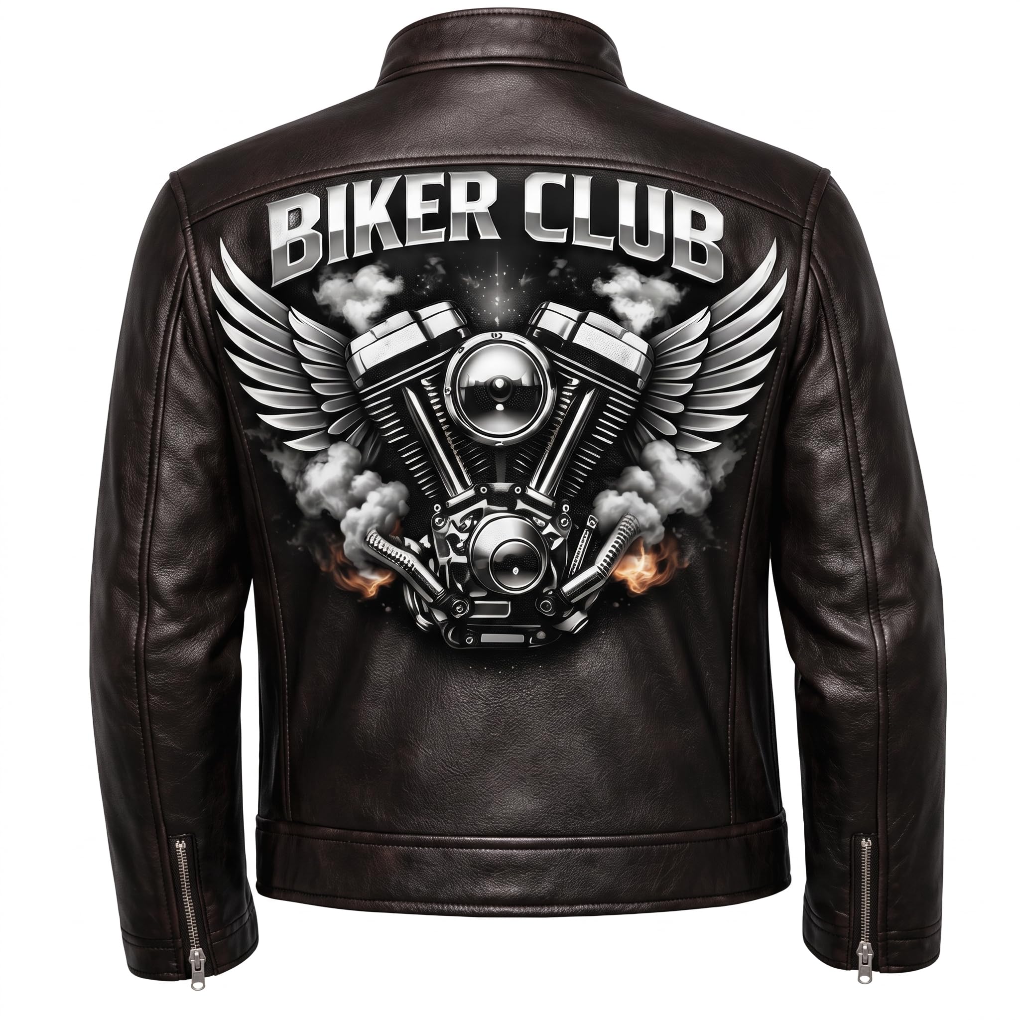 Men's Biker Club V-Twin Engine Leather Jacket - Winged Motor Graphic Cafe Racer