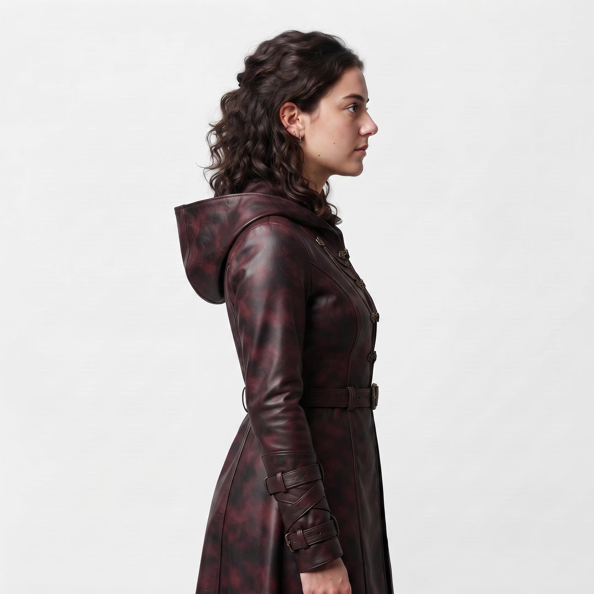 Women's Oxblood Leather Hooded Coat | Hand-Dyed Smoky Black Patina Trench Jacket