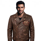Men's Road King Vintage Leather Jacket - Winged Skull & Ride to Live Biker Design