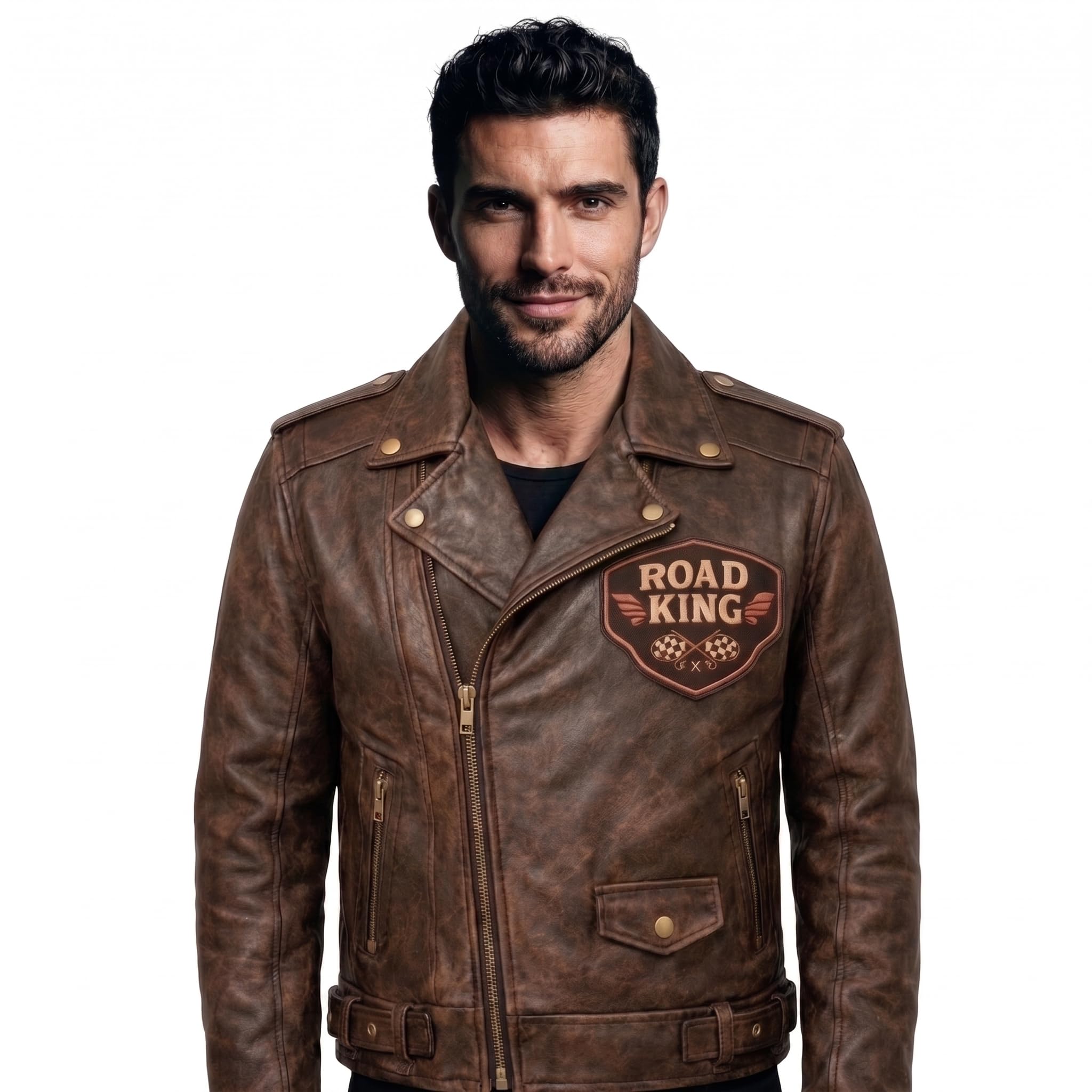 Men's Road King Vintage Leather Jacket - Winged Skull & Ride to Live Biker Design
