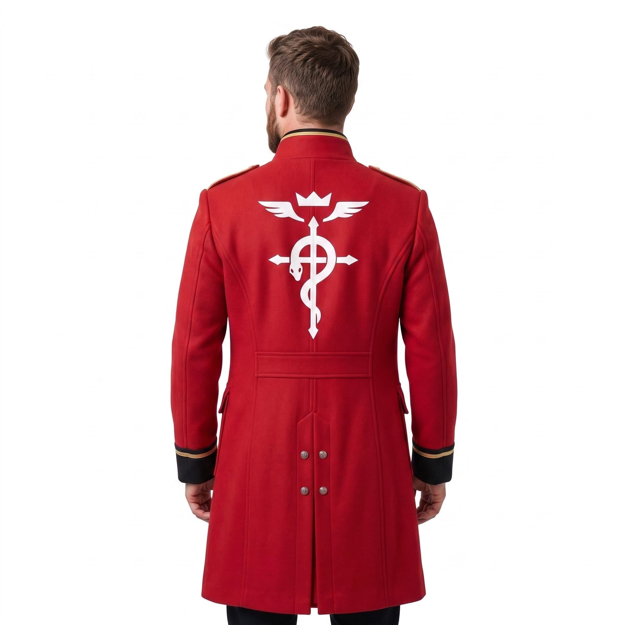 Men's Alchemist Edward Elric Inspired Red Wool Coat Anime Military Cosplay Overcoat Convention