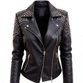 Women's Handcrafted Studded Black Leather Biker Jacket – Edgy Rockstar Style