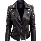 Women's Handcrafted Studded Black Leather Biker Jacket – Edgy Rockstar Style