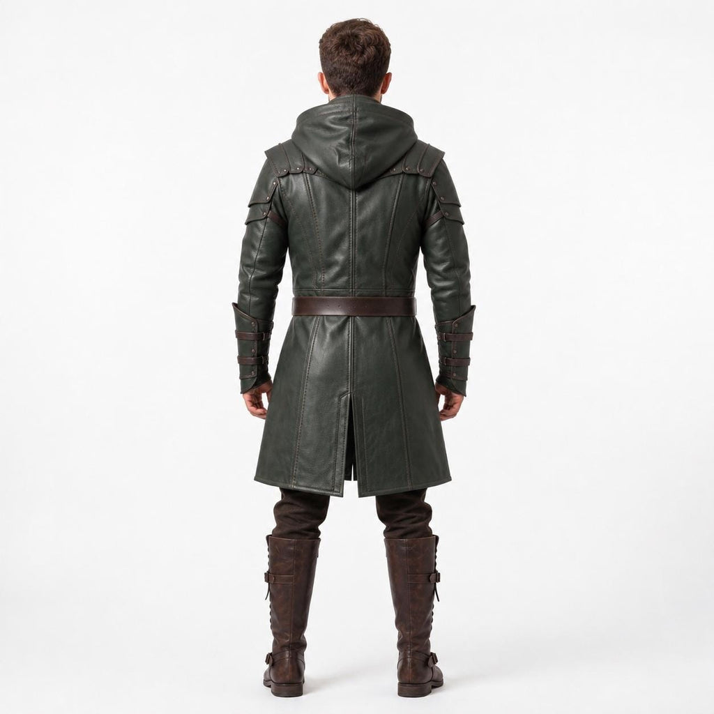 Men's Hooded Leather Assassin Coat: Dark Fantasy Ranger Trench Jacket