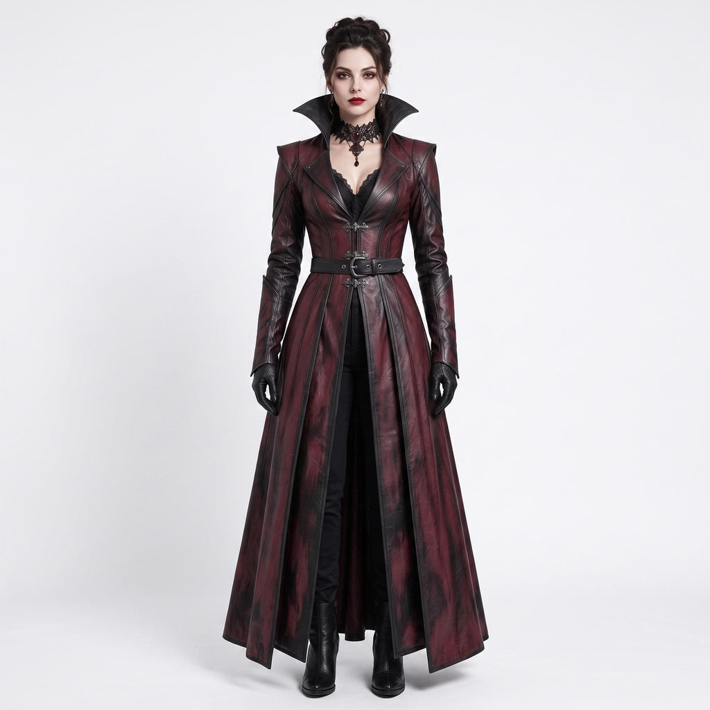 Women's Gothic Vampire Queen Burgundy Leather Trench Coat