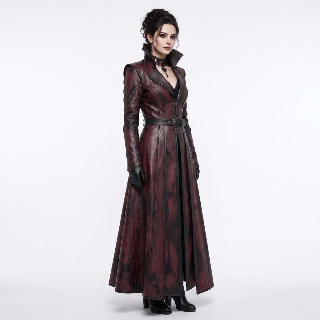 Women's Gothic Vampire Queen Burgundy Leather Trench Coat