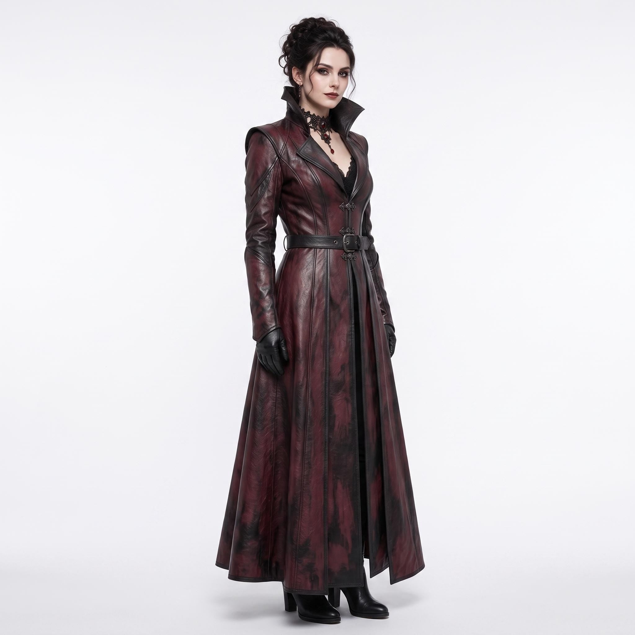 Women's Gothic Vampire Queen Burgundy Leather Trench Coat