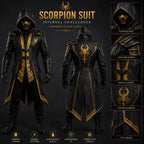 Men's Scorpion Leather Hooded Coat | Black Gold Armor Cosplay Jacket | Fantasy LARP Outfit