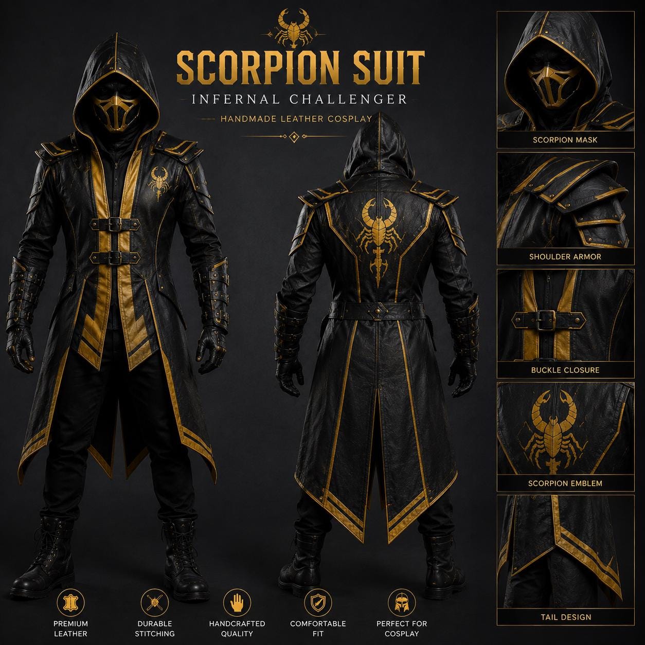 Men's Scorpion Leather Hooded Coat | Black Gold Armor Cosplay Jacket | Fantasy LARP Outfit