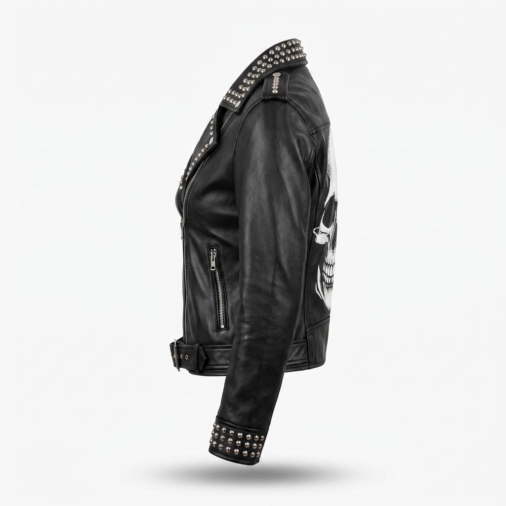 Women’s Handmade Black Leather Motorcycle Jacket – Studded, Spiked, & Hand-Painted Misfits Punk Rocker Style