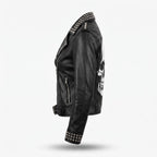 Women’s Handmade Black Leather Motorcycle Jacket – Studded, Spiked, & Hand-Painted Misfits Punk Rocker Style