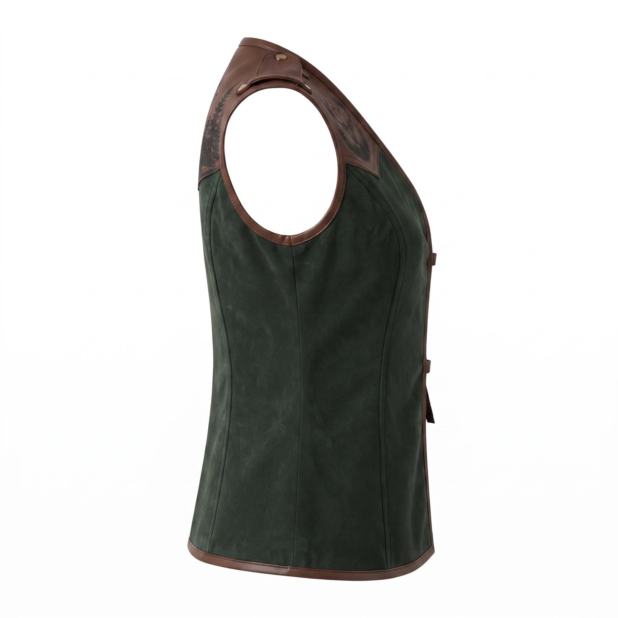 Women's Forest Green Suede Vest: Engraved Mountain Landscape, Leather Accents, Cottagecore Outerwear