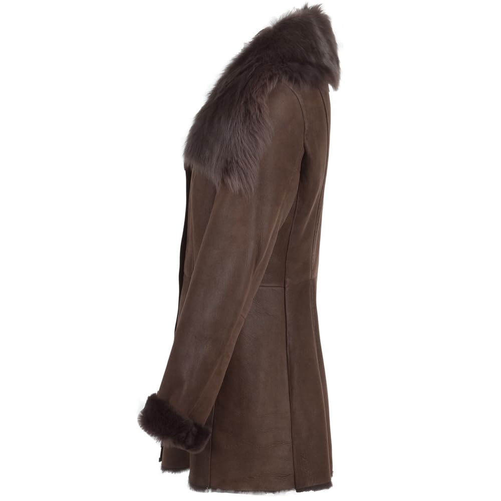 Women's Sheepskin Long Hair Toscana Lapel Coat Brown