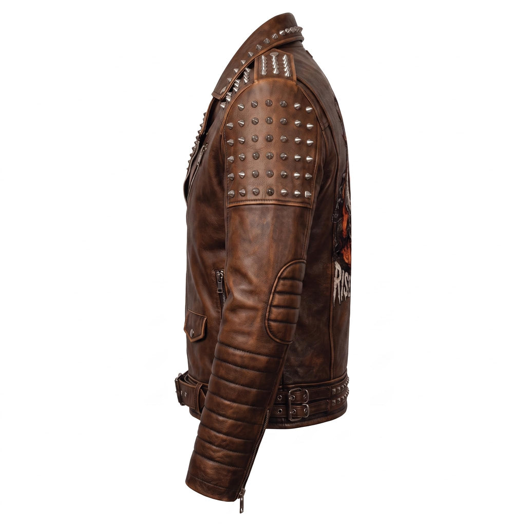 Handmade Men's Black Leather Studded Biker Jacket