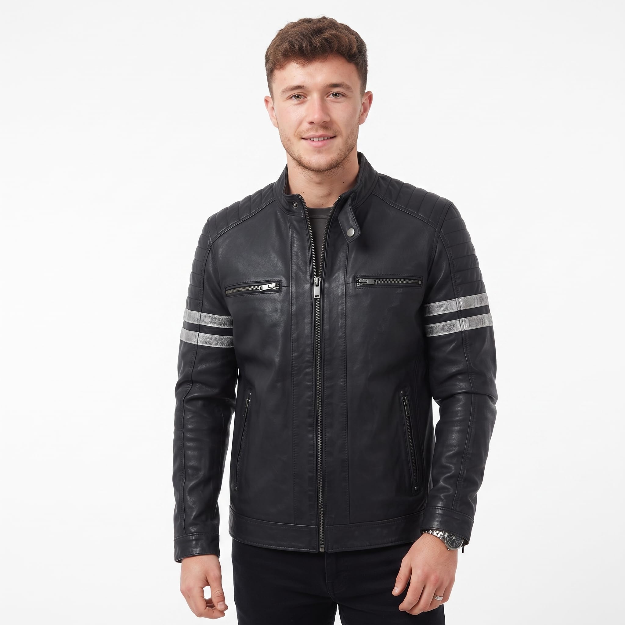 Men's Real Leather Biker Jacket With Stitch Detailings Navy