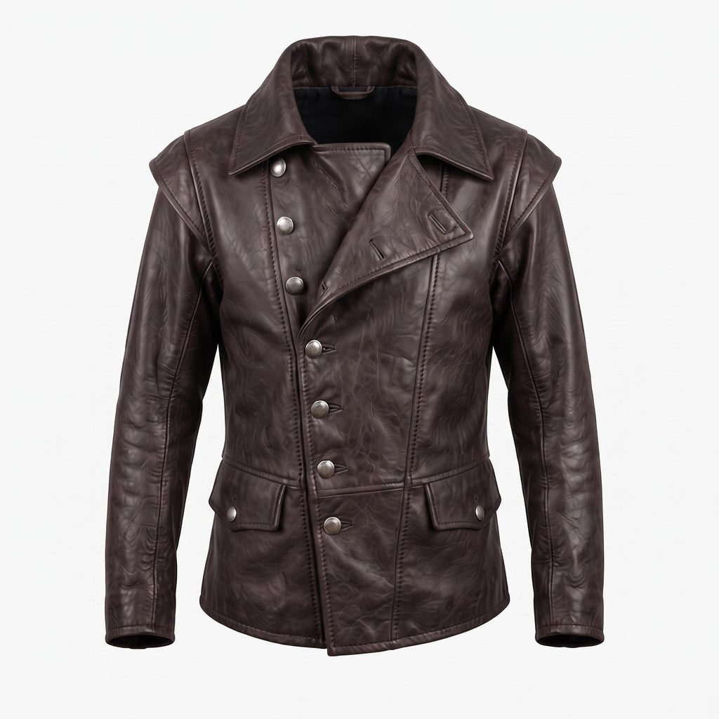 Men's Navy Blue Asymmetrical Military Leather Jacket – Handmade Blazer Coat