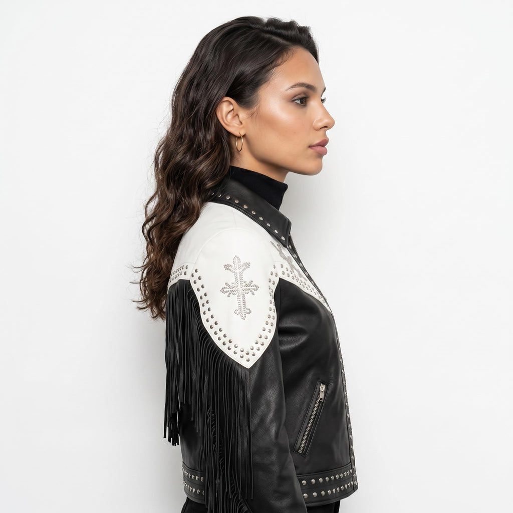 Women's Handmade Western Fringe Leather Jacket | Studded Cowgirl Rodeo Style | cowgirl leatherwear