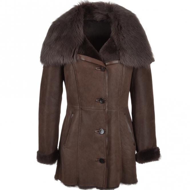 Women's Brown Shearling Leather Jacket, Faux Fur Collar Winter Coat