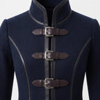 Navy Wool Coat with Leather Trim, Buckle Front, Dark Academia Style Jacket