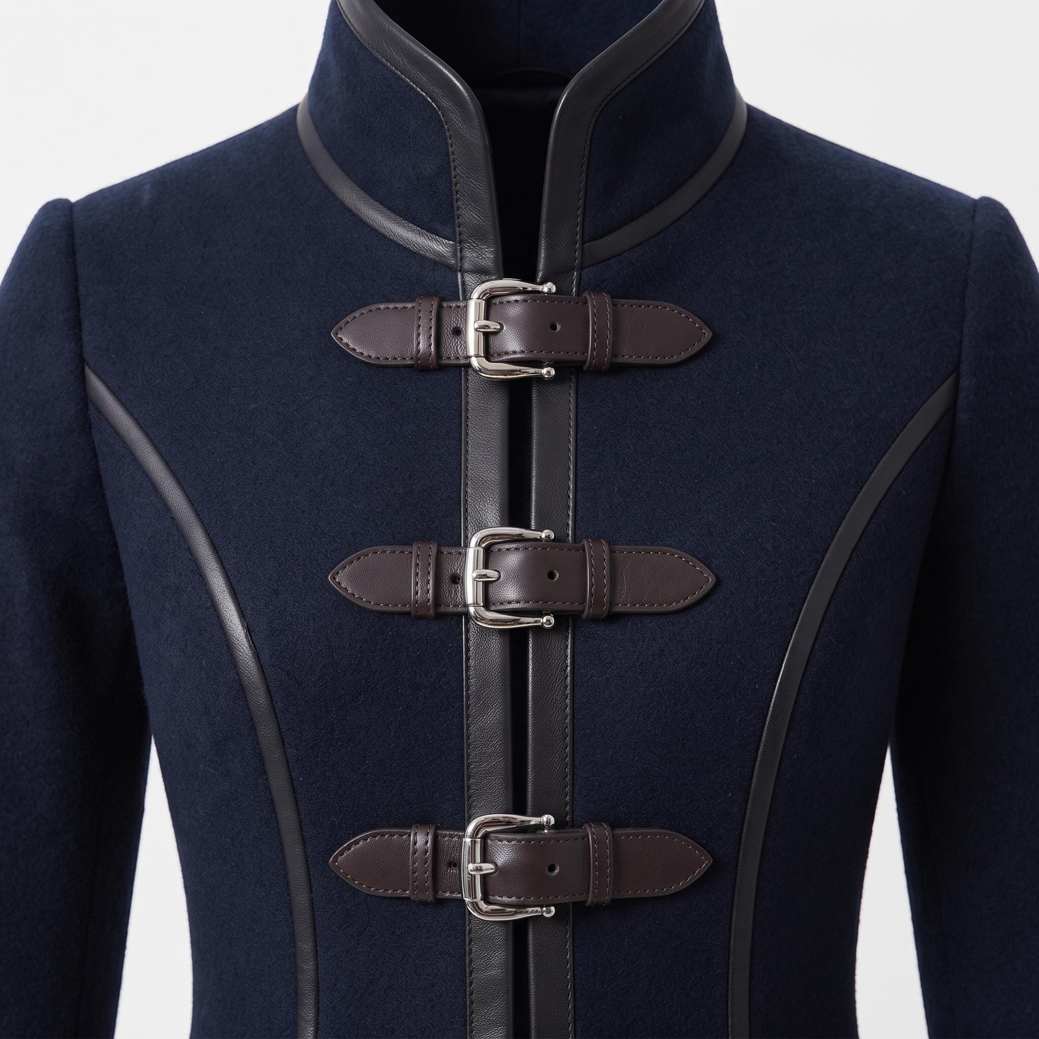 Navy Wool Coat with Leather Trim, Buckle Front, Dark Academia Style Jacket