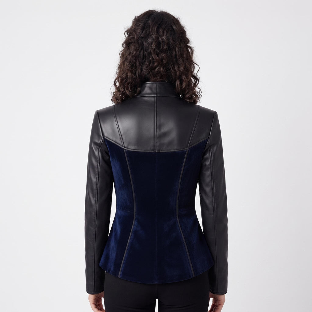 Women's Black Leather Blue Velvet Asymmetrical Military Jacket – Gothic Victorian Blazer
