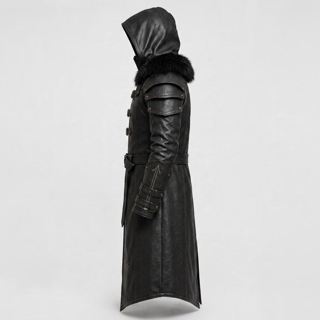 Men's Black Leather Hooded Armor Coat | Medieval Viking Warrior Cosplay Jacket