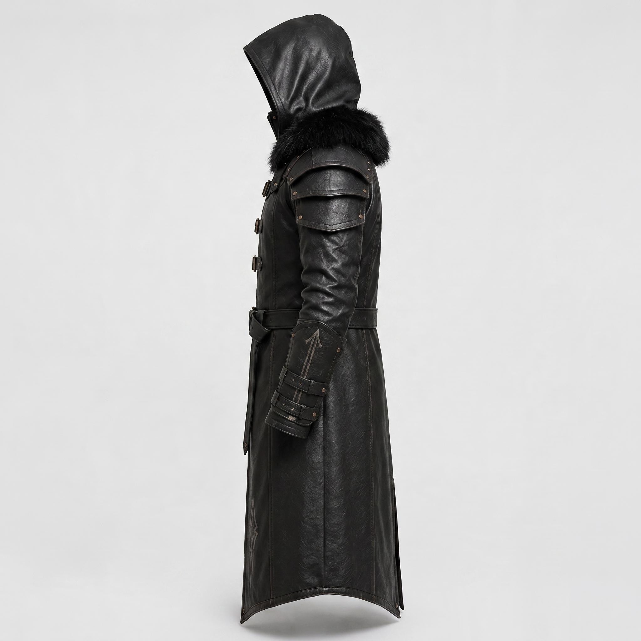 Men's Black Leather Hooded Armor Coat | Medieval Viking Warrior Cosplay Jacket