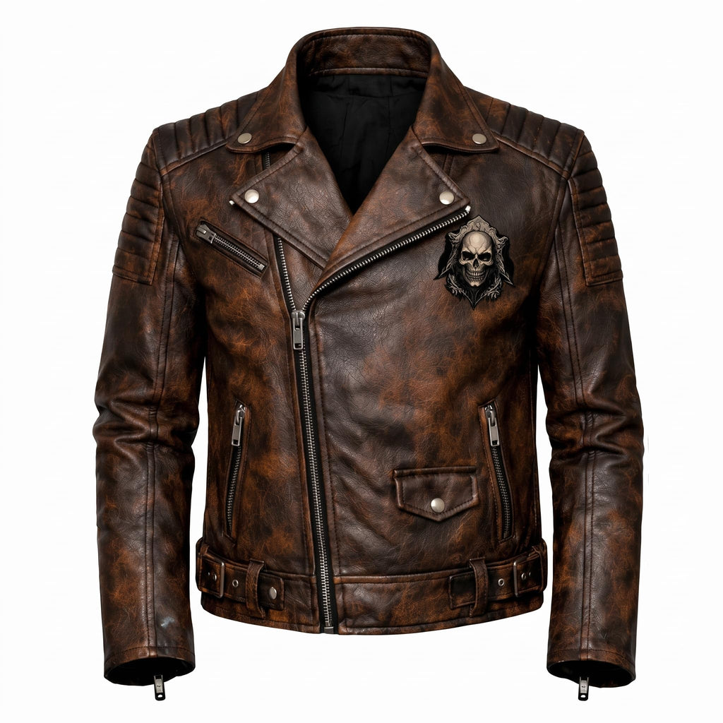 Men's motorcycle jacket with skull back | brown leather biker jacket | vintage moto style