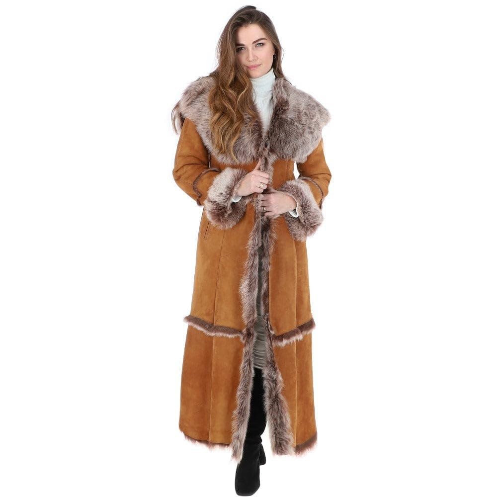 Women’s Long Sheepskin Coat – Tan Shearling Coat Women